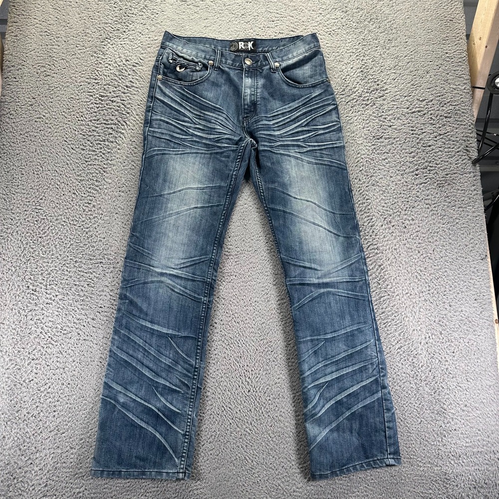Rok Jeans Mens 34x34 Blue Cotton Denim Straight Whiskered Travel Workwear Faded